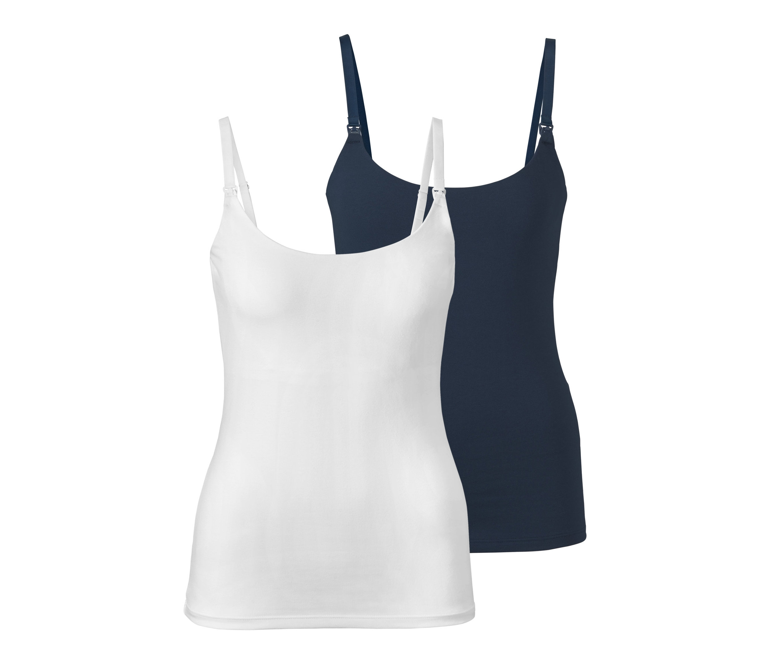 Dvě kojicí košilky: bílá a tmavě modrá.