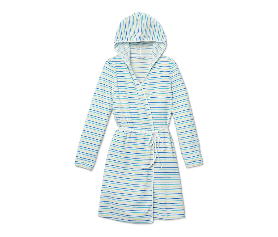 Froté župan s kapucí, s modrými a žlutými vodorovnými pruhy.