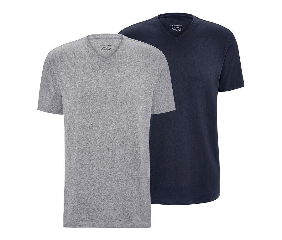 Dvě trička s výstřihem do V, jedno šedé a jedno tmavě modré.