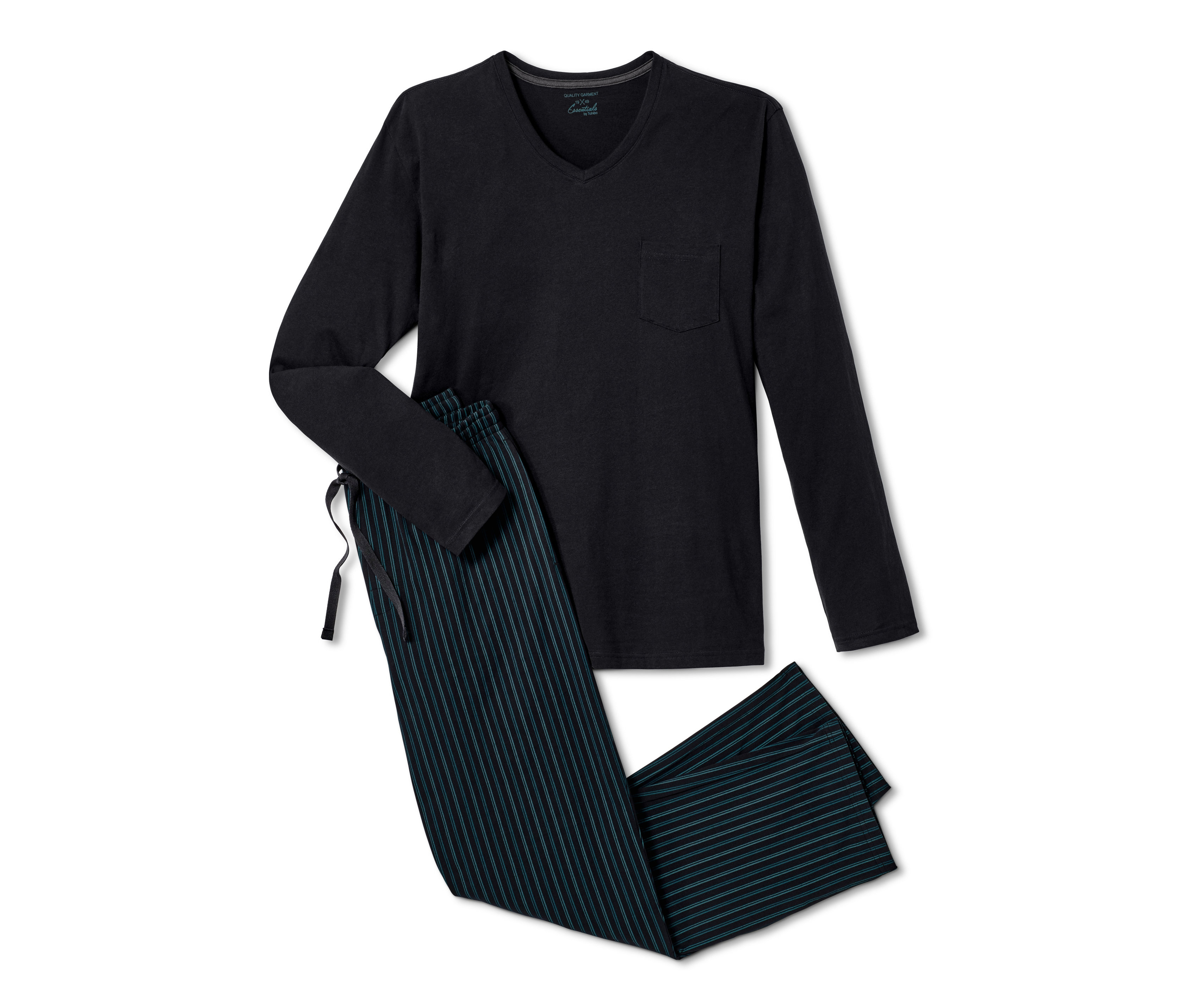 Černé pyžamo s dlouhým rukávem a pruhovanými kalhotami.