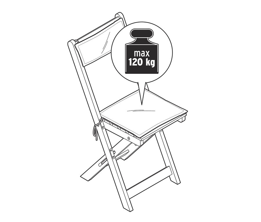 Ilustrace skládací židle s maximální nosností 120 kg.