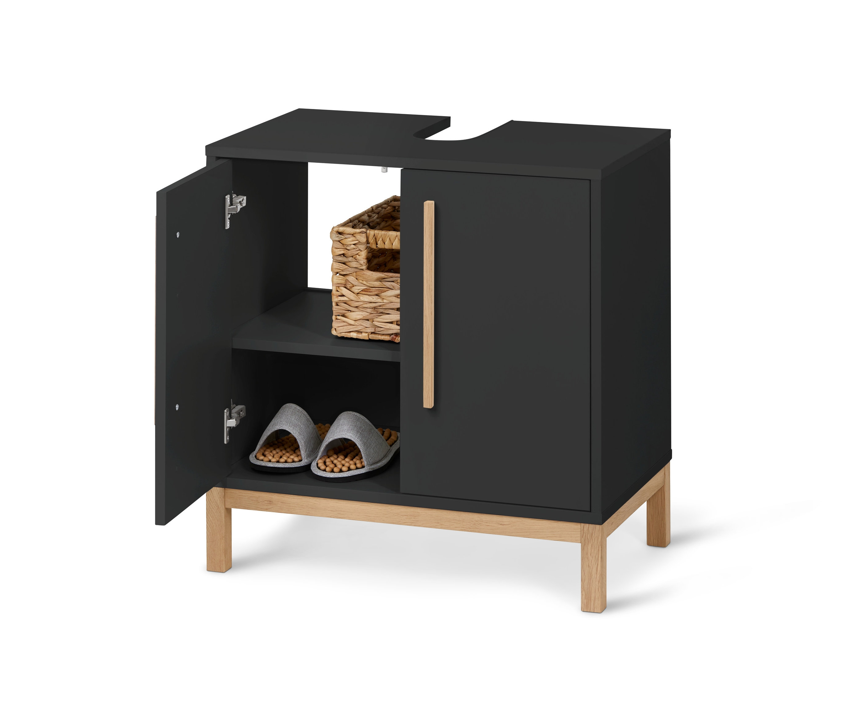 Antracitová skříňka pod umyvadlo »Eklund« s otevřenými dvířky, uvnitř košík a pantofle.
