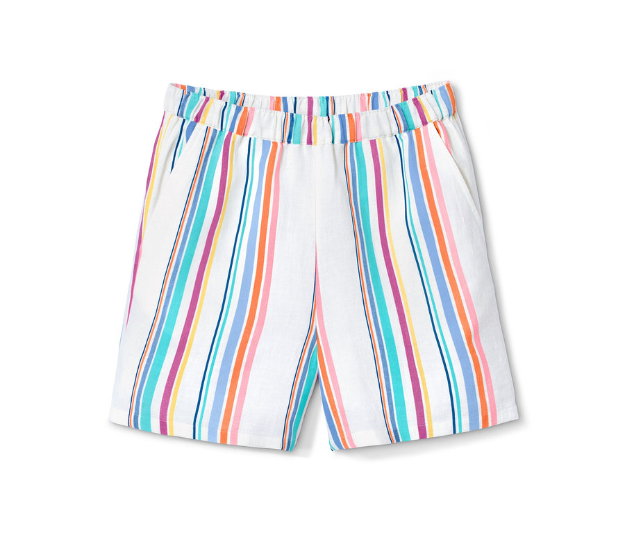 Bílé tkané šortky s barevnými svislými pruhy.