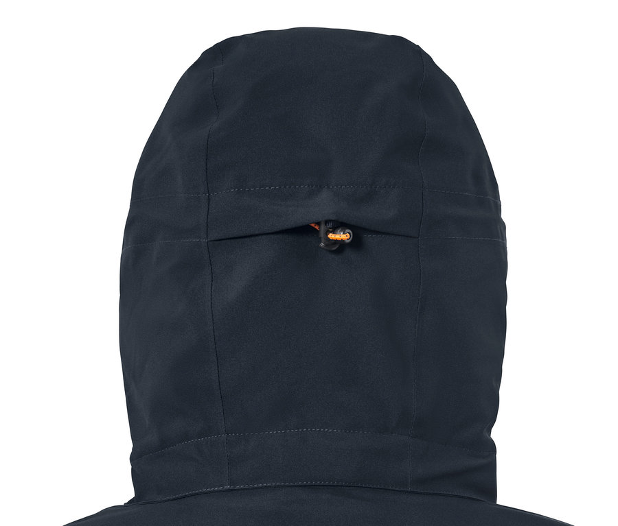 Detail kapuce lyžařské bundy, modrá.