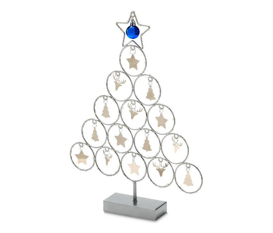 Dekorativní Vánoční stromeček s LED osvětlením, zdobený hvězdou, modrou koulí a motivy stromků a sobů.
