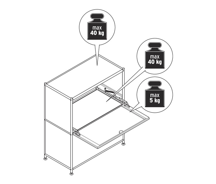 Nákres kovové odkládací skříňky CN3 s výklopnými dvířky. Maximální zatížení horní desky je 40 kg, maximální zatížení výklopných dvířek je 5 kg.