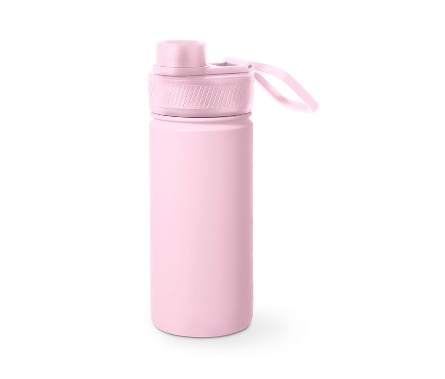 Růžová sportovní láhev na pití.