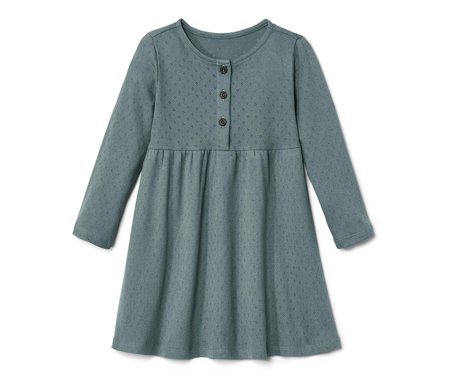 Modré dětské šaty s dlouhými rukávy a knoflíky.