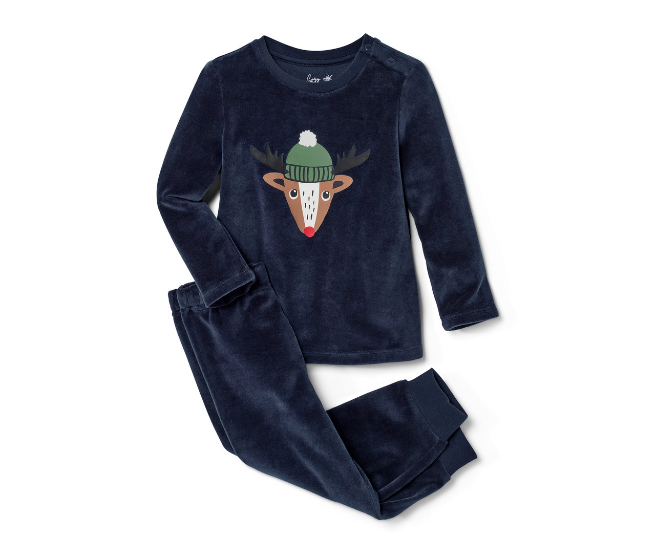 Tmavě modré dětské pyžamo z hebkého plyše s obrázkem soba s čepicí.