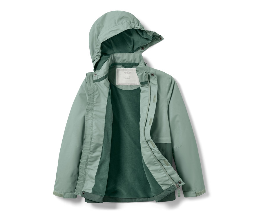 Zelená dětská bunda do každého počasí, otevřená, s kapucí.