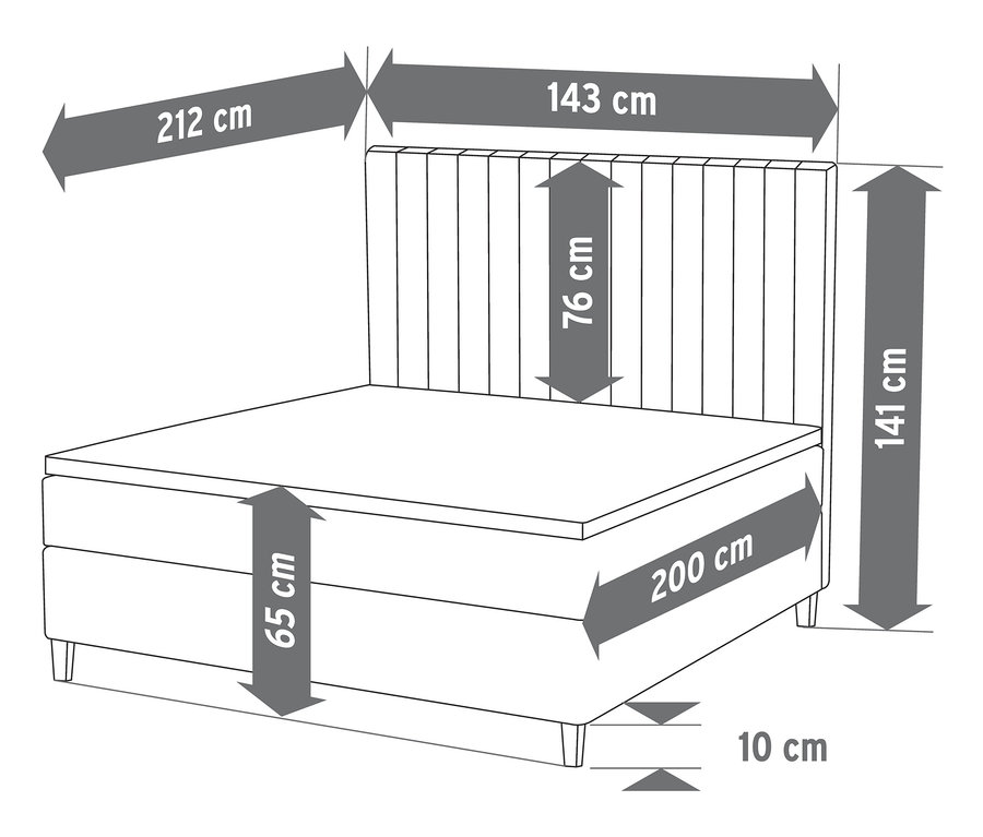 Nákres postele boxspring o rozměrech 140 x 200 cm s výškou 65 cm, výškou čela 76 cm a celkovou výškou 141 cm.