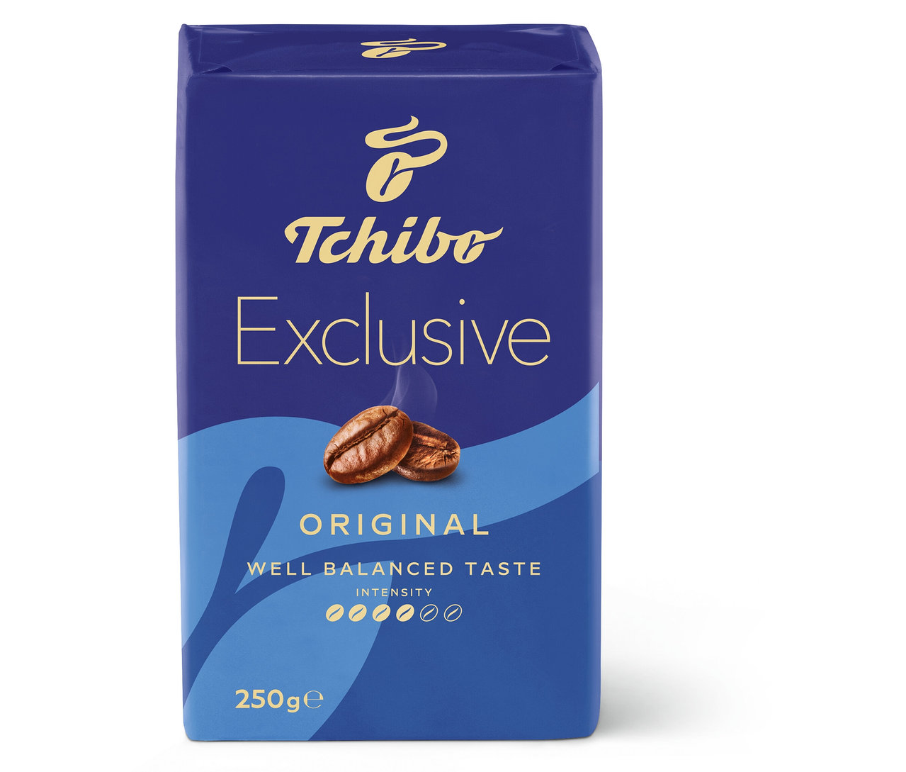 Balení mleté kávy TC Exclusive 250 g v modrém obalu.
