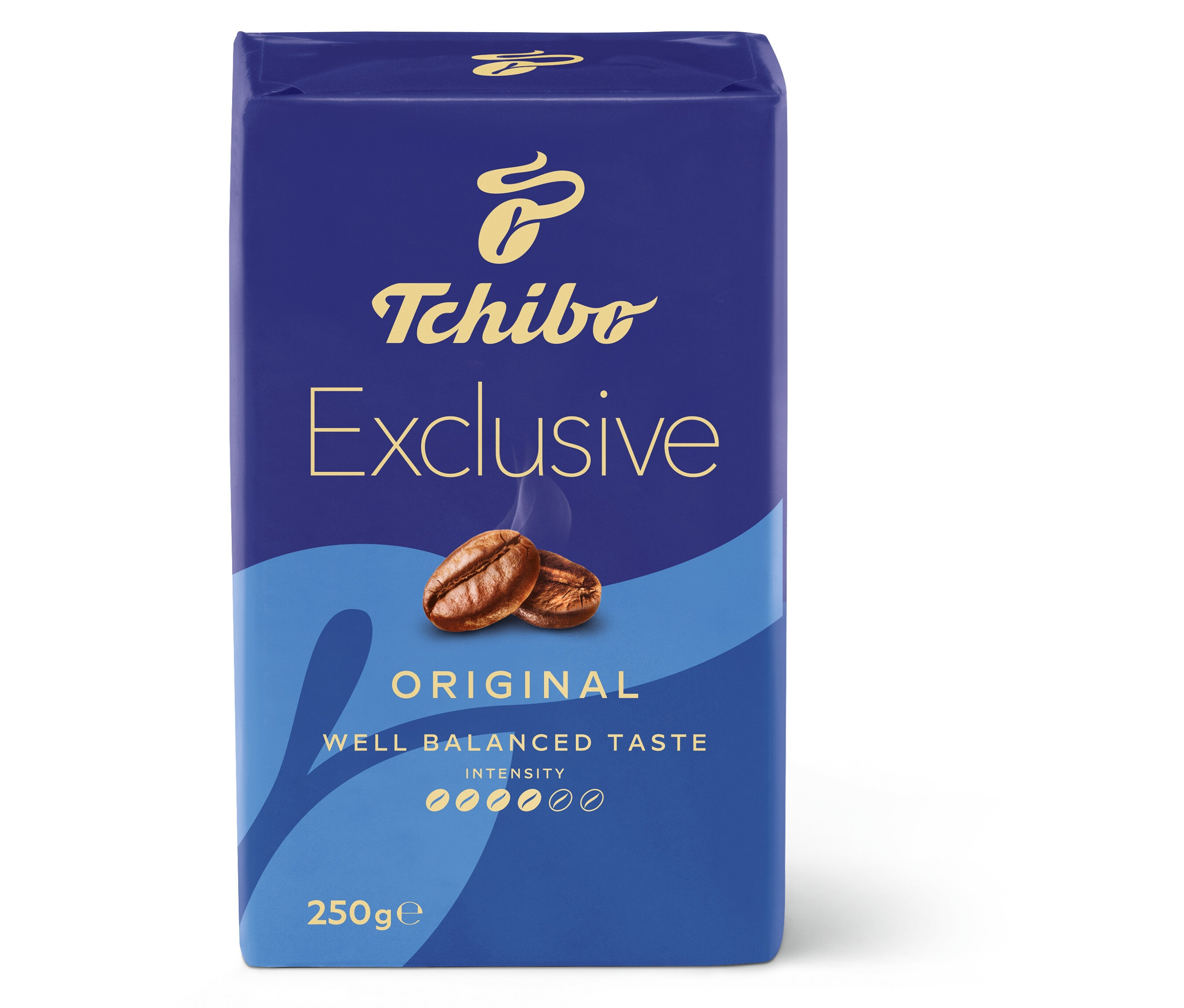 Balení mleté kávy TC Exclusive 250 g v modrém obalu.