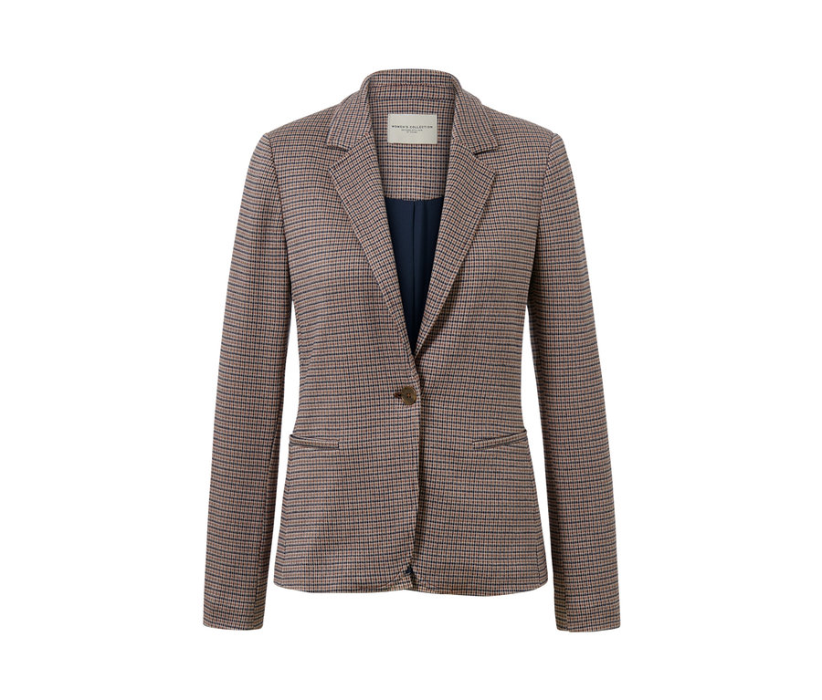 Dámské sako z teplákoviny s kostkovaným vzorem, zapínané na jeden knoflík.