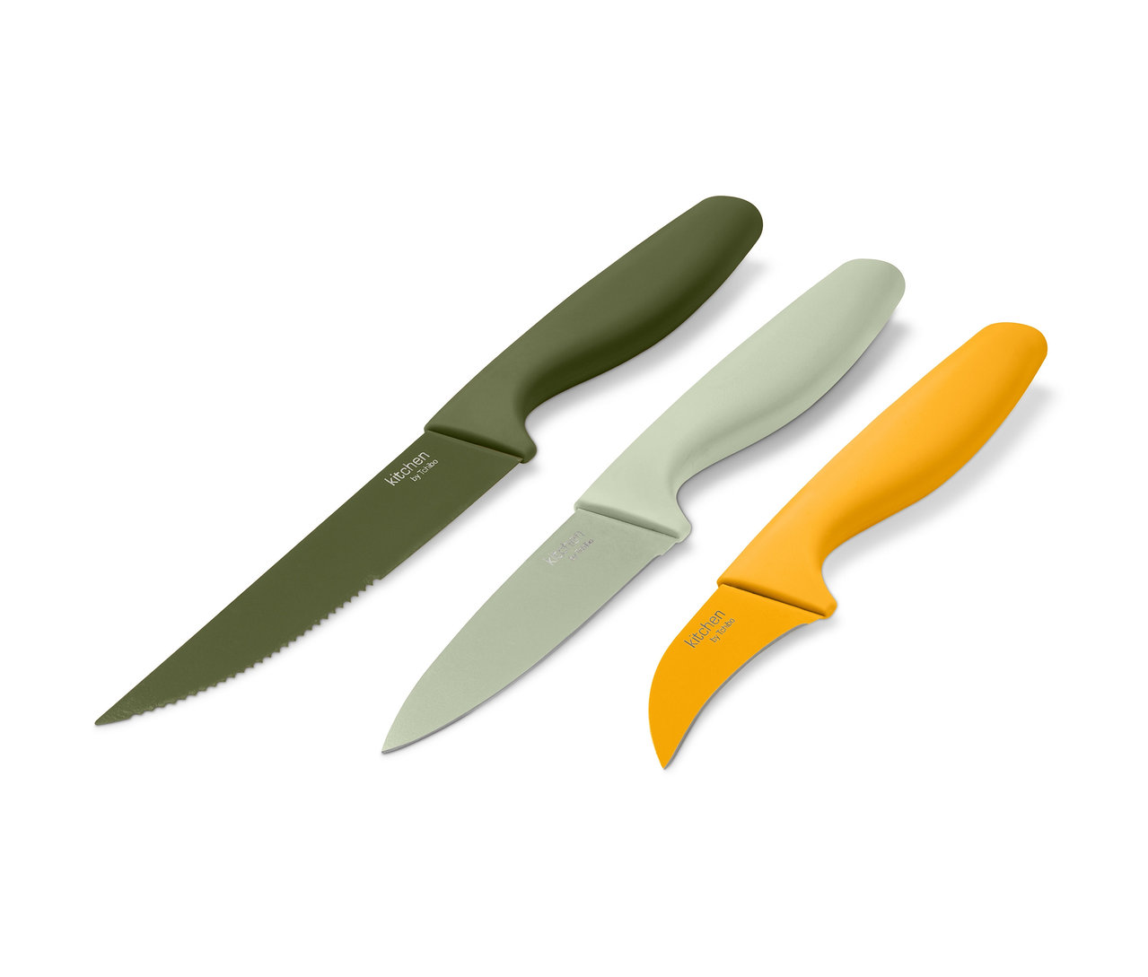 Tři kuchyňské nože: olivově zelený, světle šedý a žlutý.