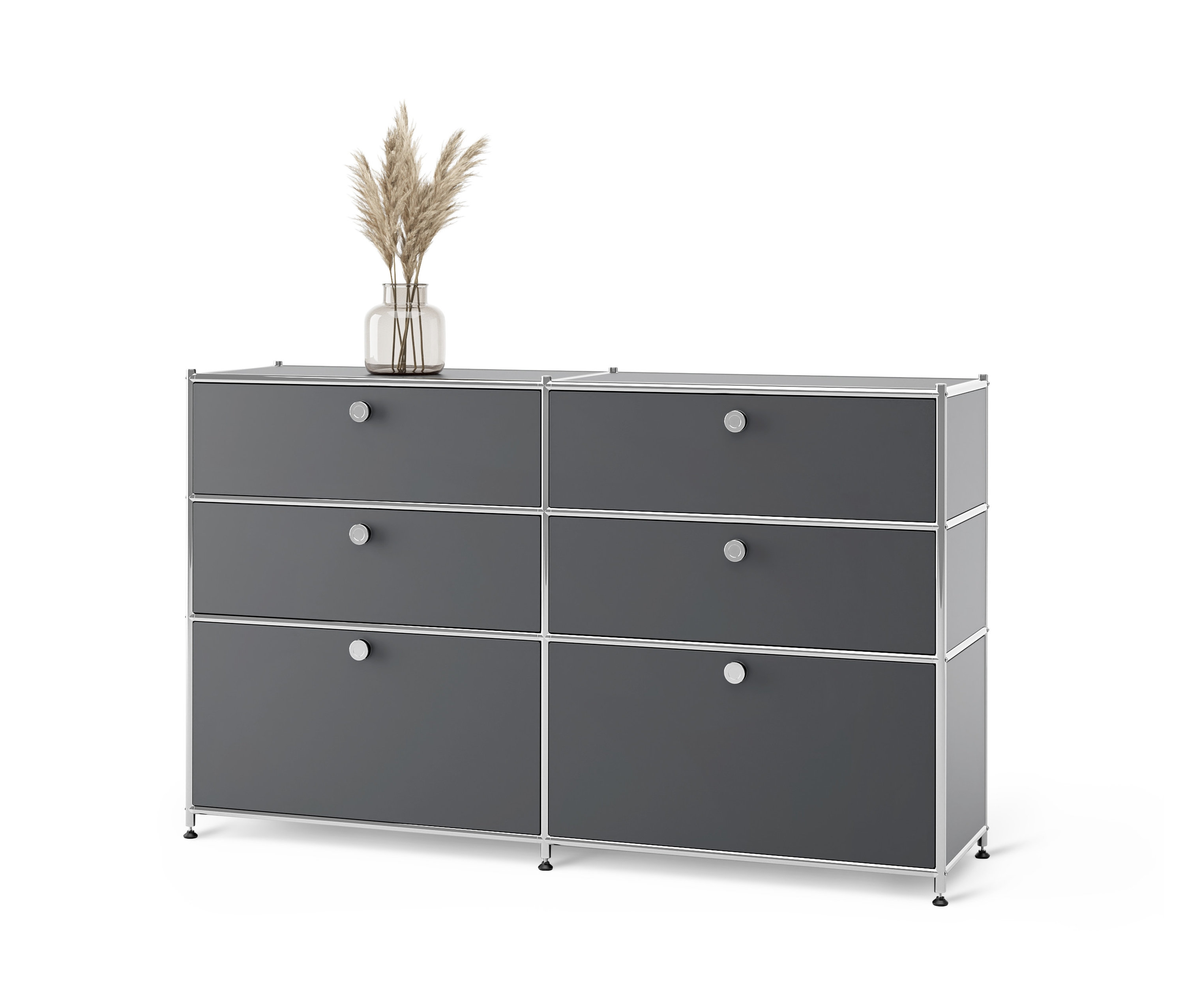 Šedá kovová komoda »CN3« se 6 zásuvkami.