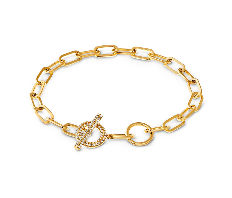 Zlatý náramek Toggle osázený kamínky na bílém pozadí.