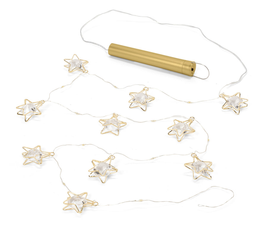 Řetěz světel s deseti hvězdami se zlatým drátěným rámem a průhlednými kameny a zlatým pouzdrem na baterie.