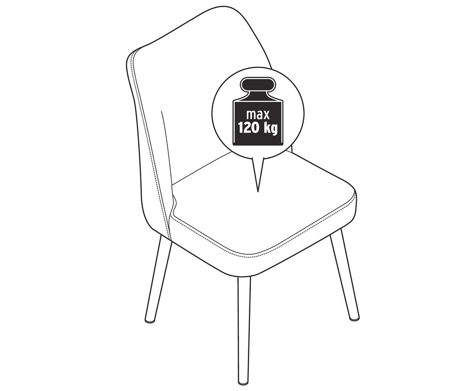 Ilustrace polstrované jídelní židle s maximální nosností 120 kg.