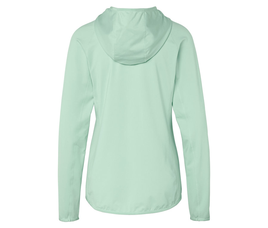 Zadní pohled na světle zelenou bundu s kapucí.