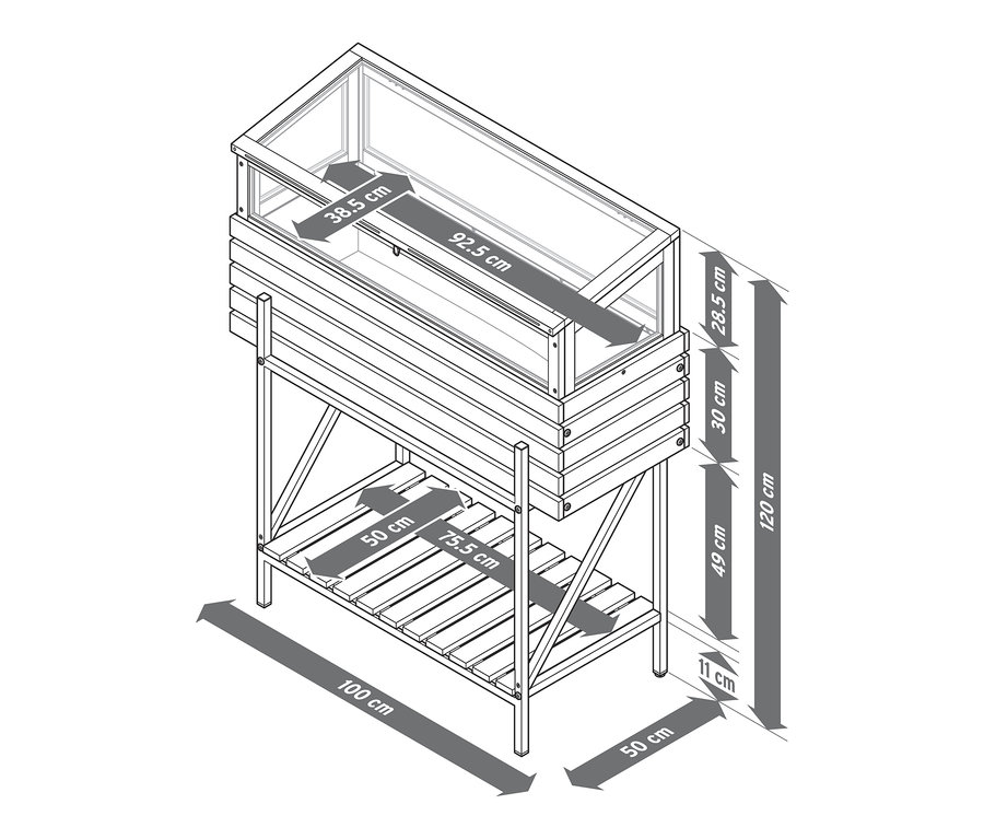 Ilustrace vyvýšeného záhonu se skleníkovým nástavcem »Elin« s rozměry.