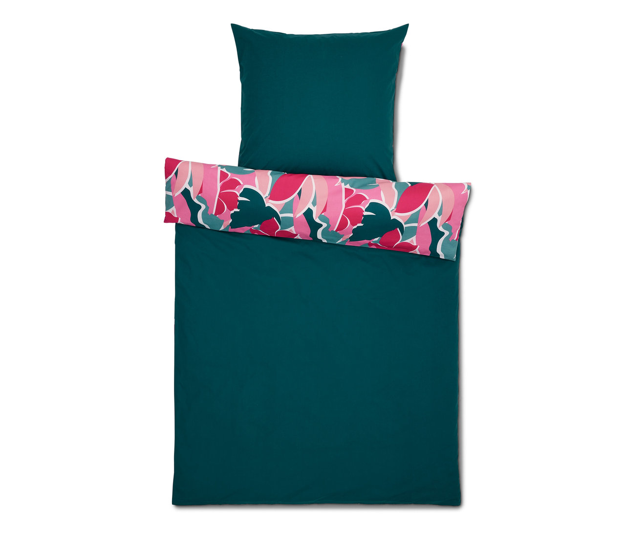 Tmavě zelené perkálové povlečení standardní velikosti a nadměrné velikosti s květinovým vzorem.