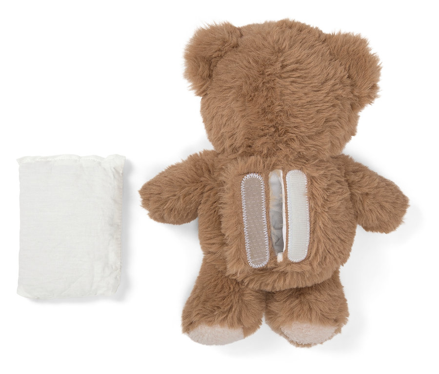 Pohled zezadu na plyšového medvídka s otevřenou zadní stranou na suchý zip a bílý sáček vedle něj.