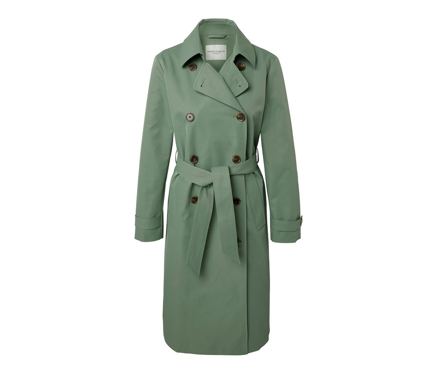 Světlé zelený trenčkot s páskem a hnědými knoflíky.