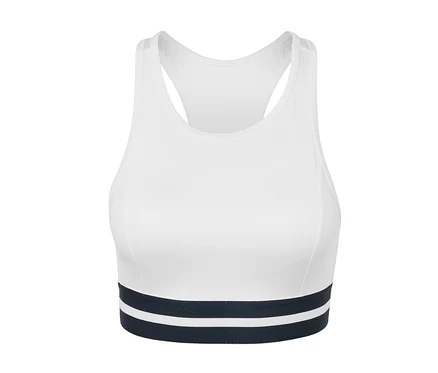 Bílá sportovní podprsenka »Crop Top« s tmavě modrým pruhem dole.