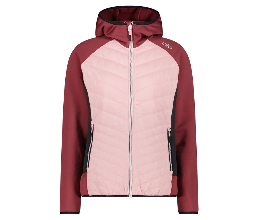 Růžovo-bordó bunda se zipem a kapucí.