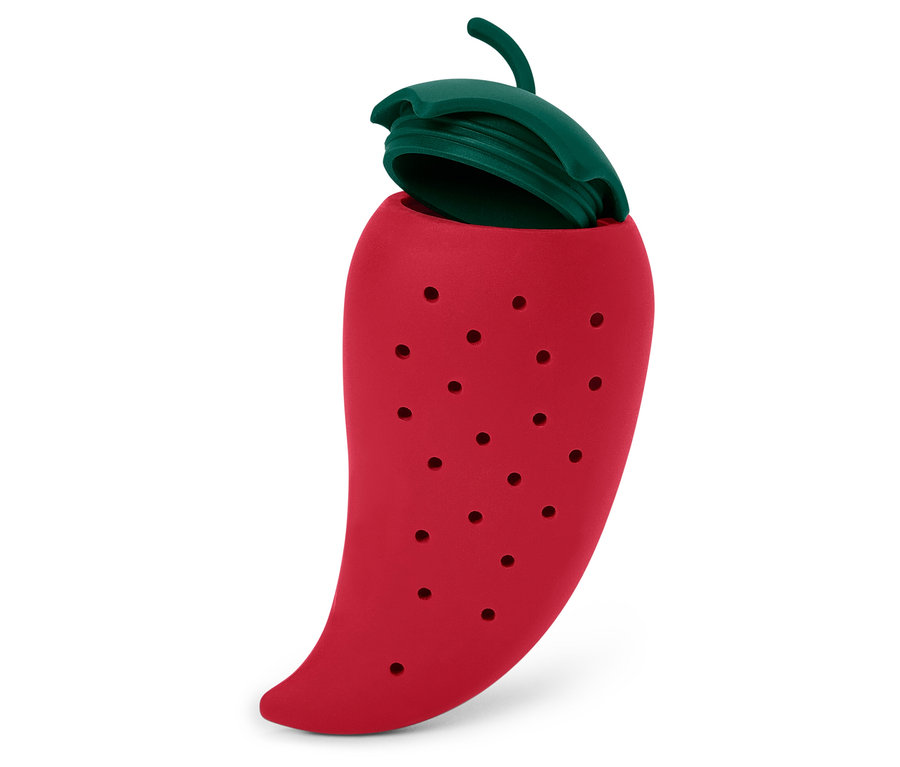 Červený silikonový spařovač čaje ve tvaru papriky s víkem.