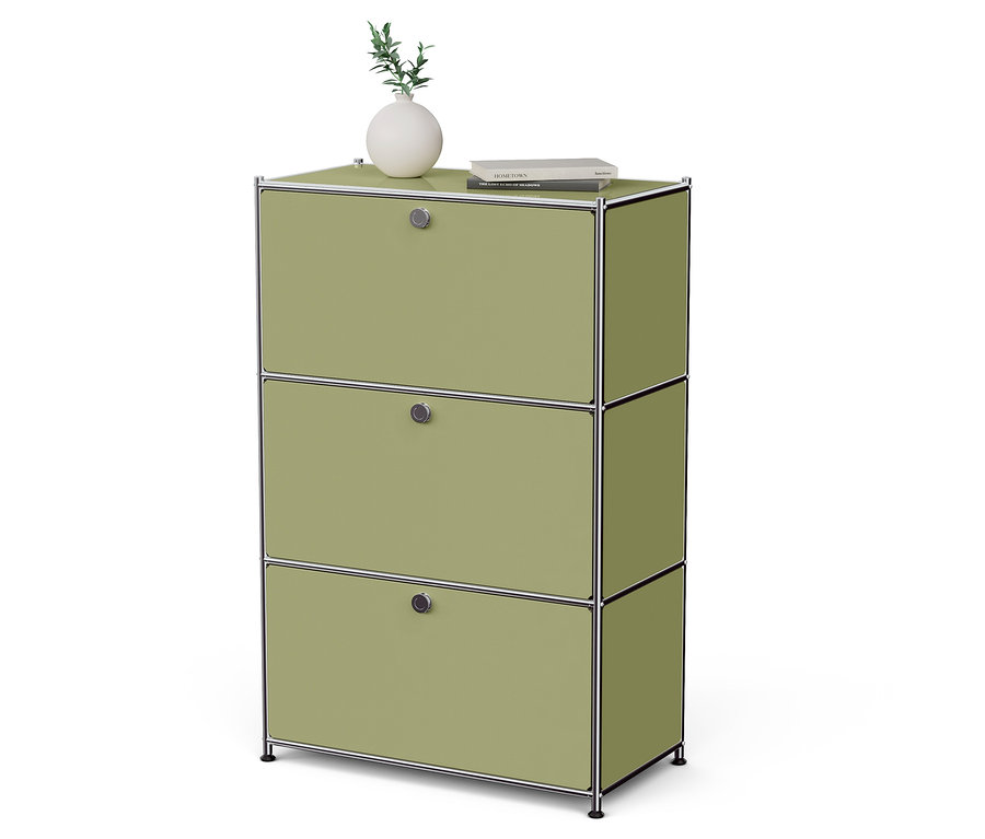 Zelená skříňka se třemi zásuvkami, na které stojí váza s rostlinou a kniha.