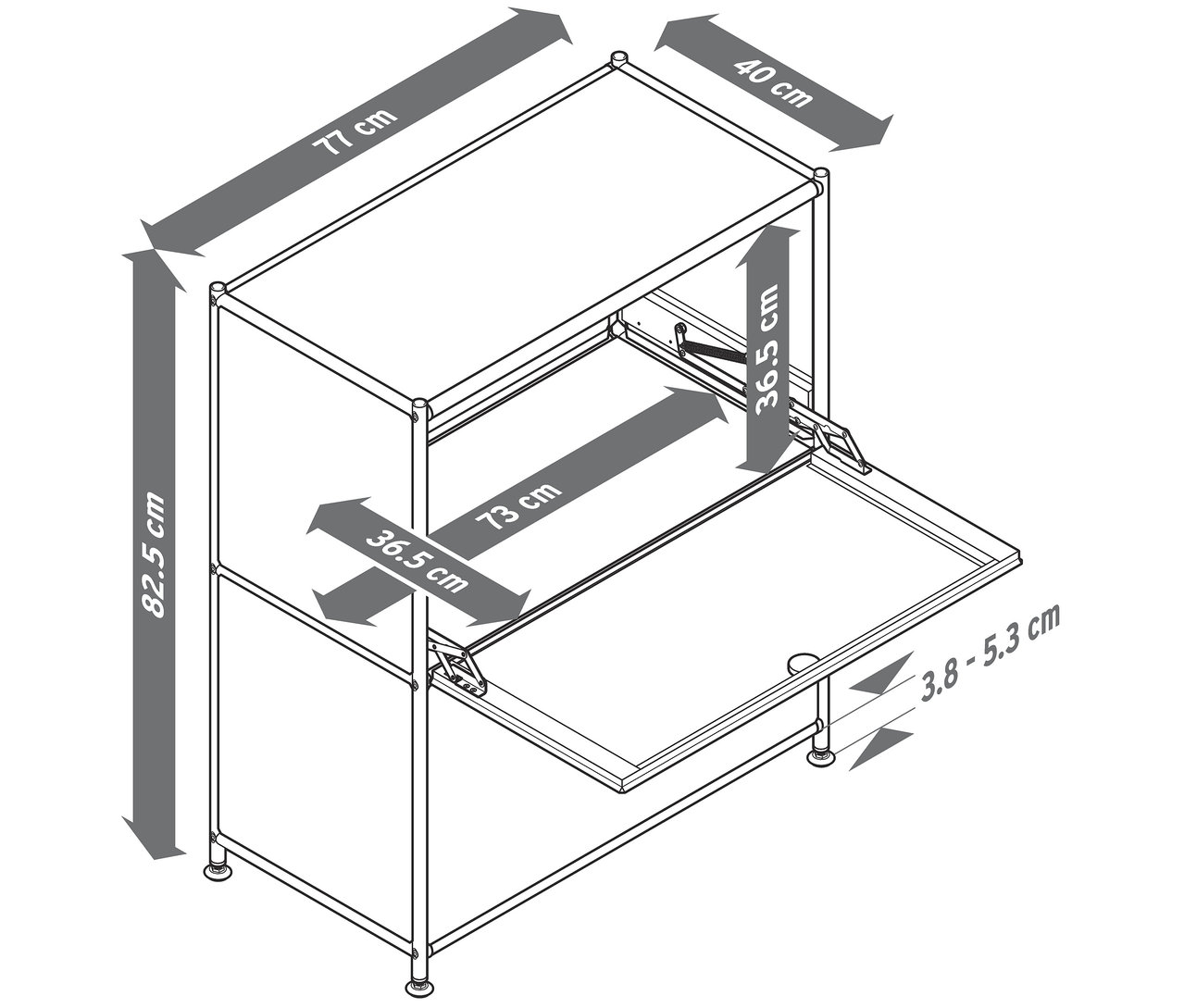 Černobílý nákres skříňky s rozměry, otevřenými dvířky a policí.