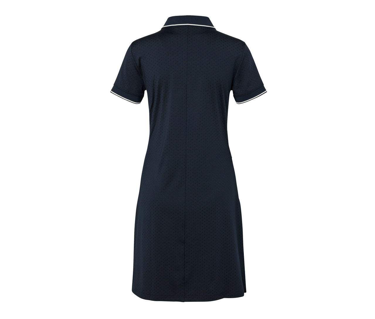 Tmavě modré sportovní šaty s bílým lemováním na límci a rukávech.
