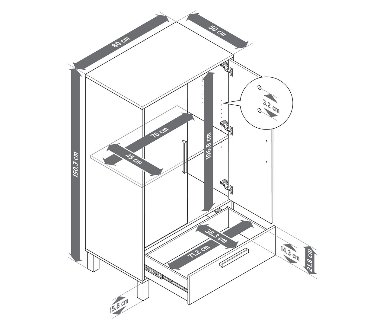 Technický nákres dětské šatní skříně »Leira« s rozměry.