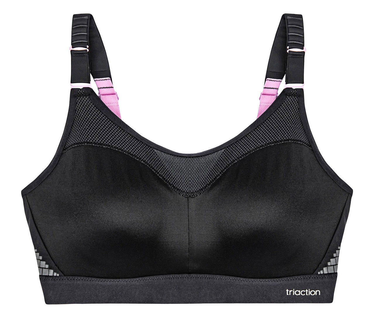 Černá zmenšující sportovní podprsenka TRIUMPH Triaction Control Lite W01X s růžovými detaily na ramínkách.