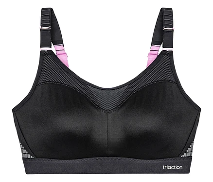 Černá zmenšující sportovní podprsenka TRIUMPH Triaction Control Lite W01X s růžovými detaily na ramínkách.