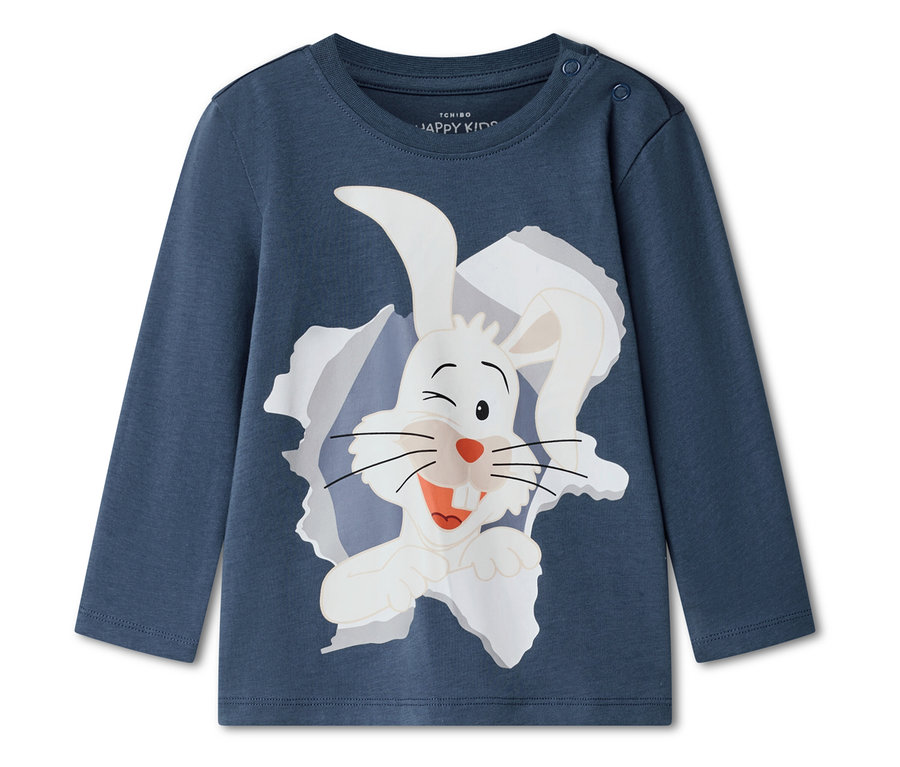 Modré tričko s dlouhým rukávem s vtipným bílým potiskem králíka.