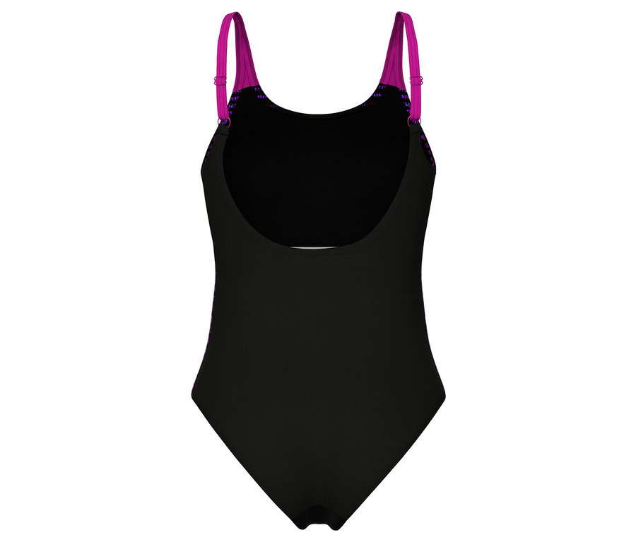 Černé dámské plavky arena Feel Side Placement U Back Bustier s fuchsiovými ramínky a U-tvarovaným výstřihem na zádech, s vícebarevným vzorem na ramínkách a bocích.