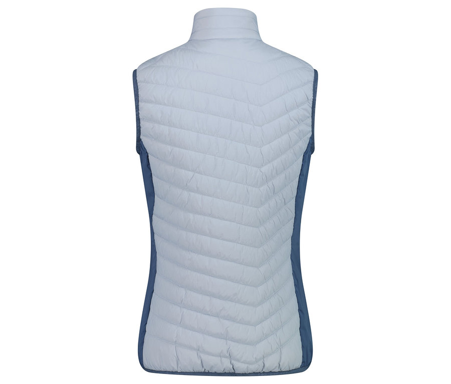 Pohled zezadu na světle modrou prošívanou vestu s tmavě modrými boky.