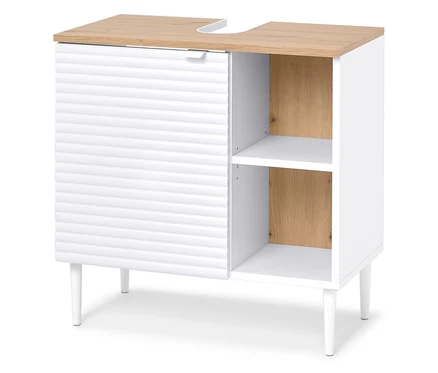 Bílá skříňka pod umyvadlo s dřevěnou deskou.