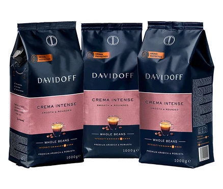 Tři balení zrnkové kávy Davidoff Crema Intense, balení 1000g.