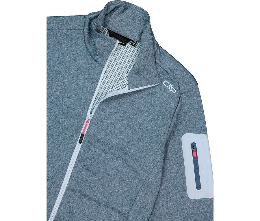 Detail šedé bundy CMP se zipem a kapsou na rukávu.