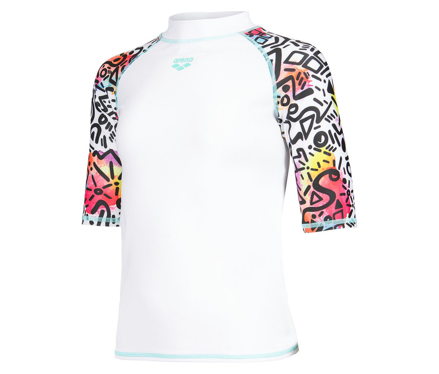 Bílé tričko Arena s dlouhým rukávem a barevnými rukávy s graffiti.