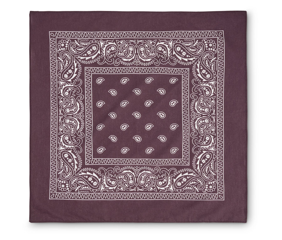 Tmavě červená bandana s bílým paisley vzorem a okrajem z malých bílých kruhů.