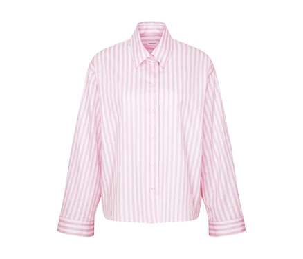 Růžovo-bílá pruhovaná košilová halenka oversize s dlouhými rukávy a knoflíky.