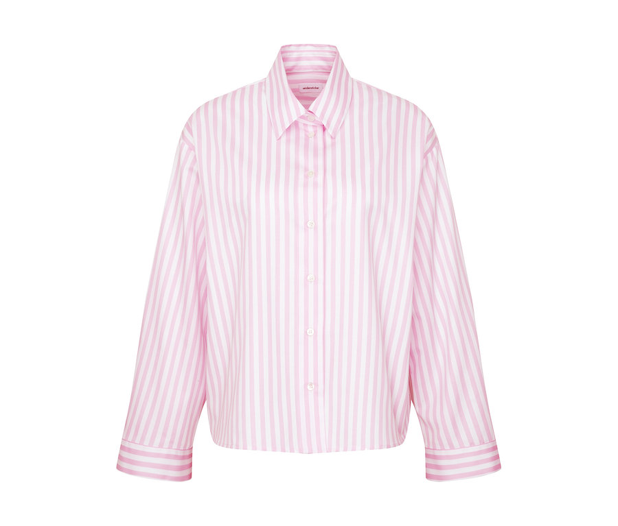 Růžovo-bílá pruhovaná košilová halenka oversize s dlouhými rukávy a knoflíky.