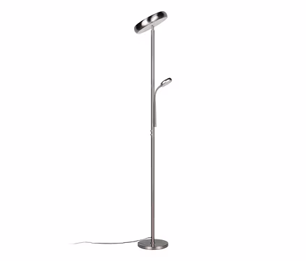 Stříbrná LED stojací lampa Reality »Palermo« s kulatou základnou, horním světlem a flexibilní lampičkou na čtení.