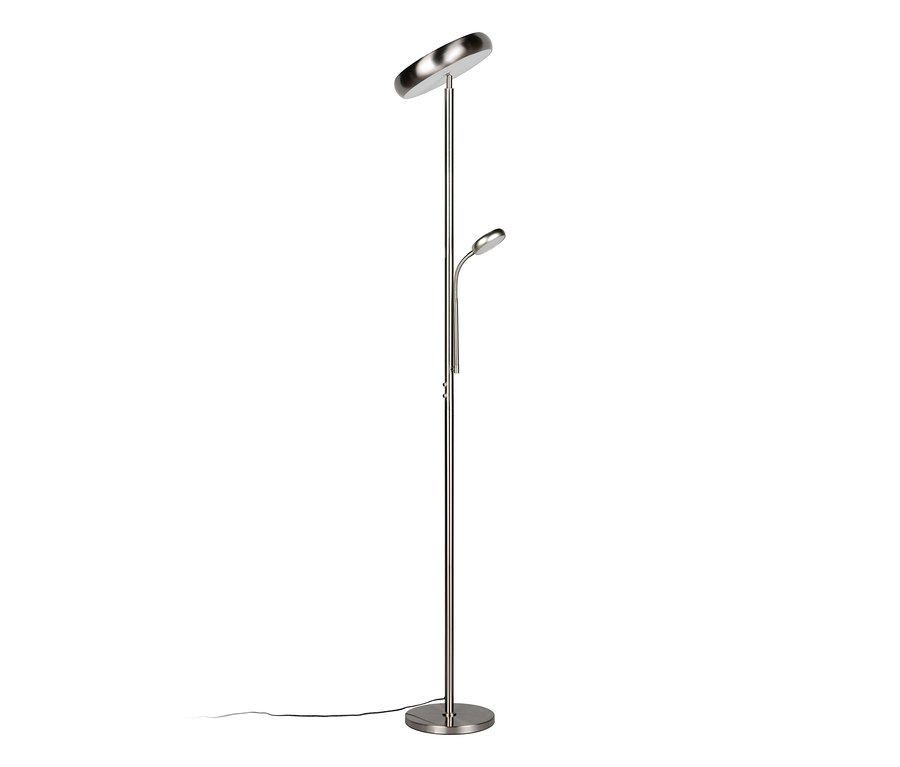 Stříbrná LED stojací lampa Reality »Palermo« s kulatou základnou, horním světlem a flexibilní lampičkou na čtení.