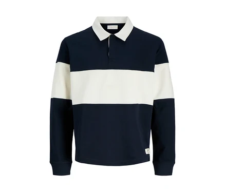 Polomikina Jack & Jones s dlouhými rukávy, s tmavě modrými a krémovými vodorovnými pruhy, bílým límečkem a dvouknoflíkovou légou.